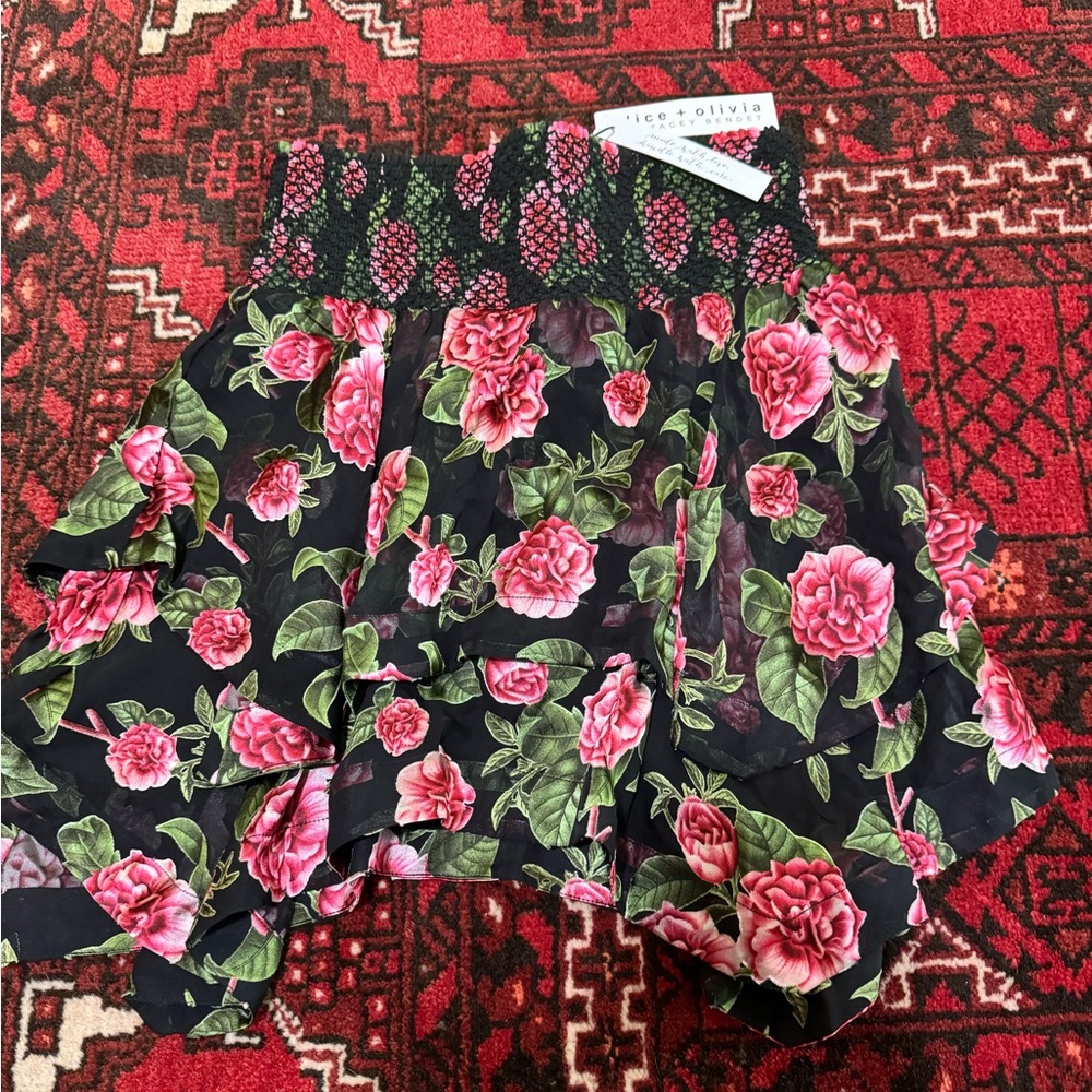 Alice + Olivia Zarya Silk Rose Floral Layered Smocked Mini Skirt - Picture 3 of 4